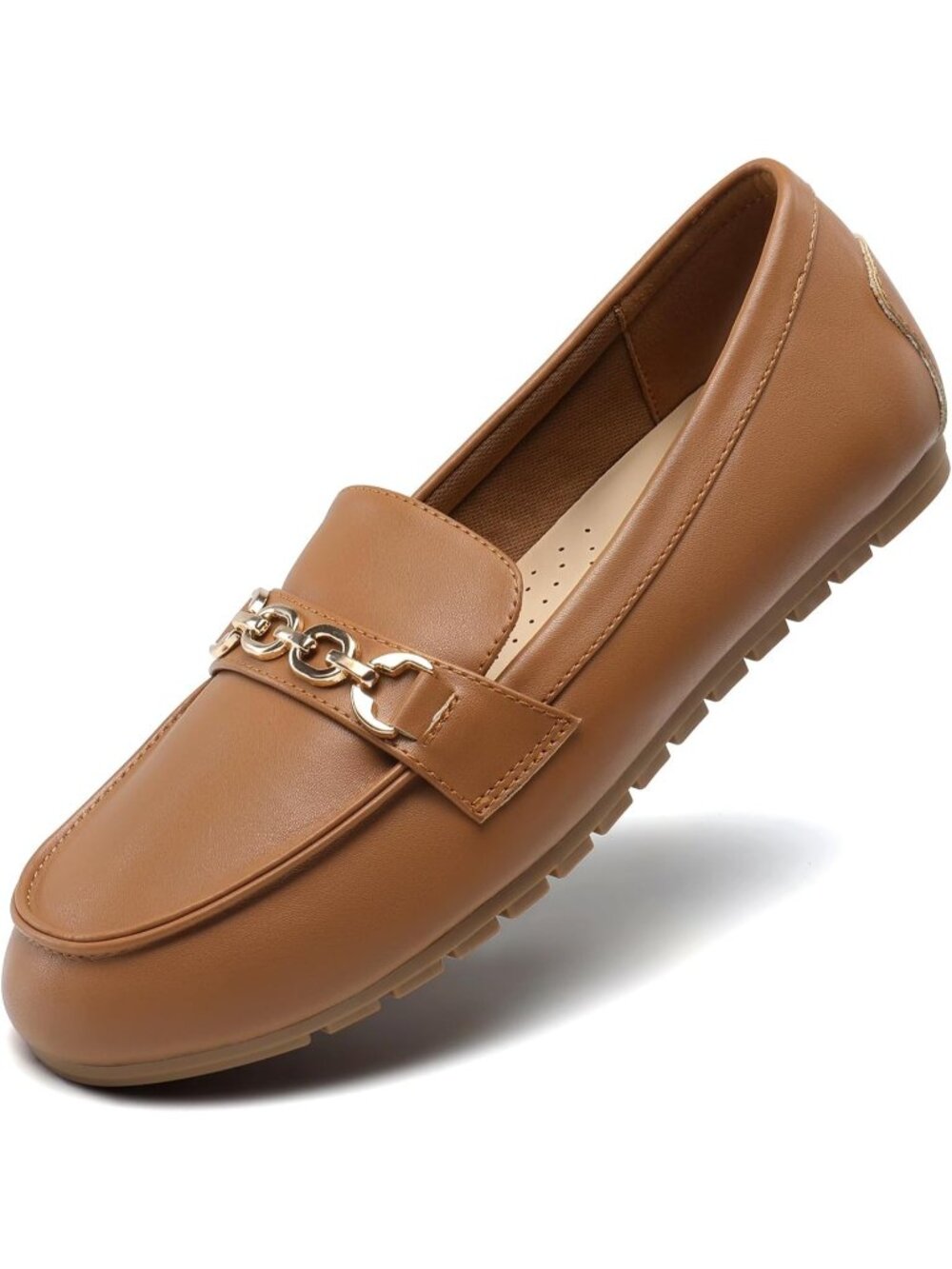 Women's Brown-pu Round Toe Flexible Pull-On Business Casual Dress Loafers Shoes
